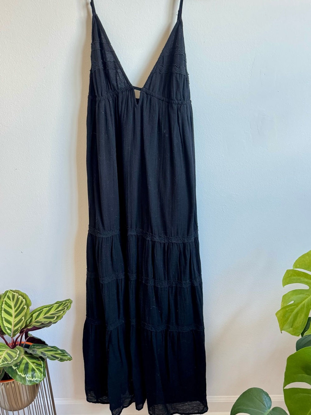 Zara Black V-Neck Tiered Maxi Dress with Spaghetti Straps